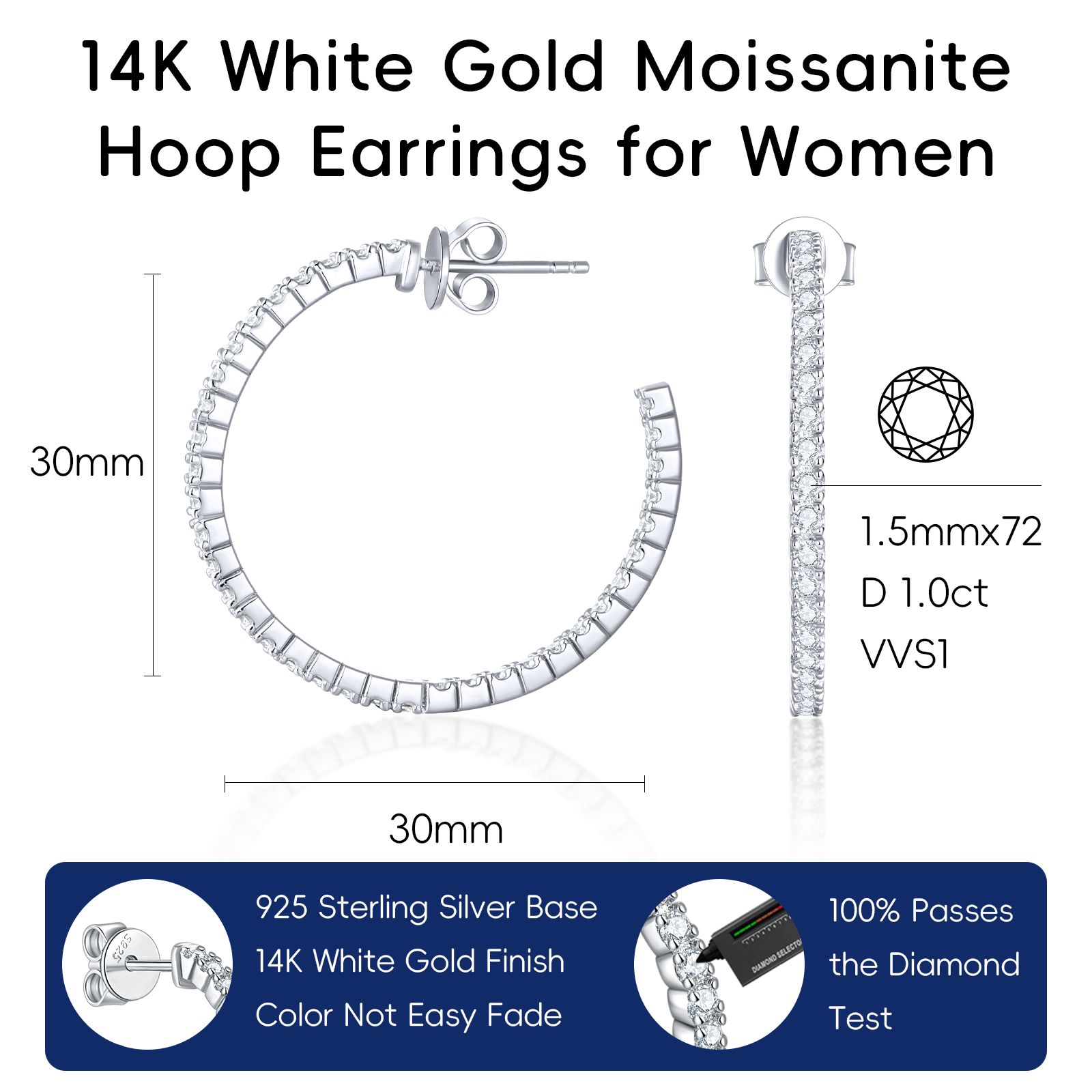 KSTYLE Moissanite Earrings Open Hoop Earrings | D Color-VVS1| 14K Yellow/White Gold Plated 
