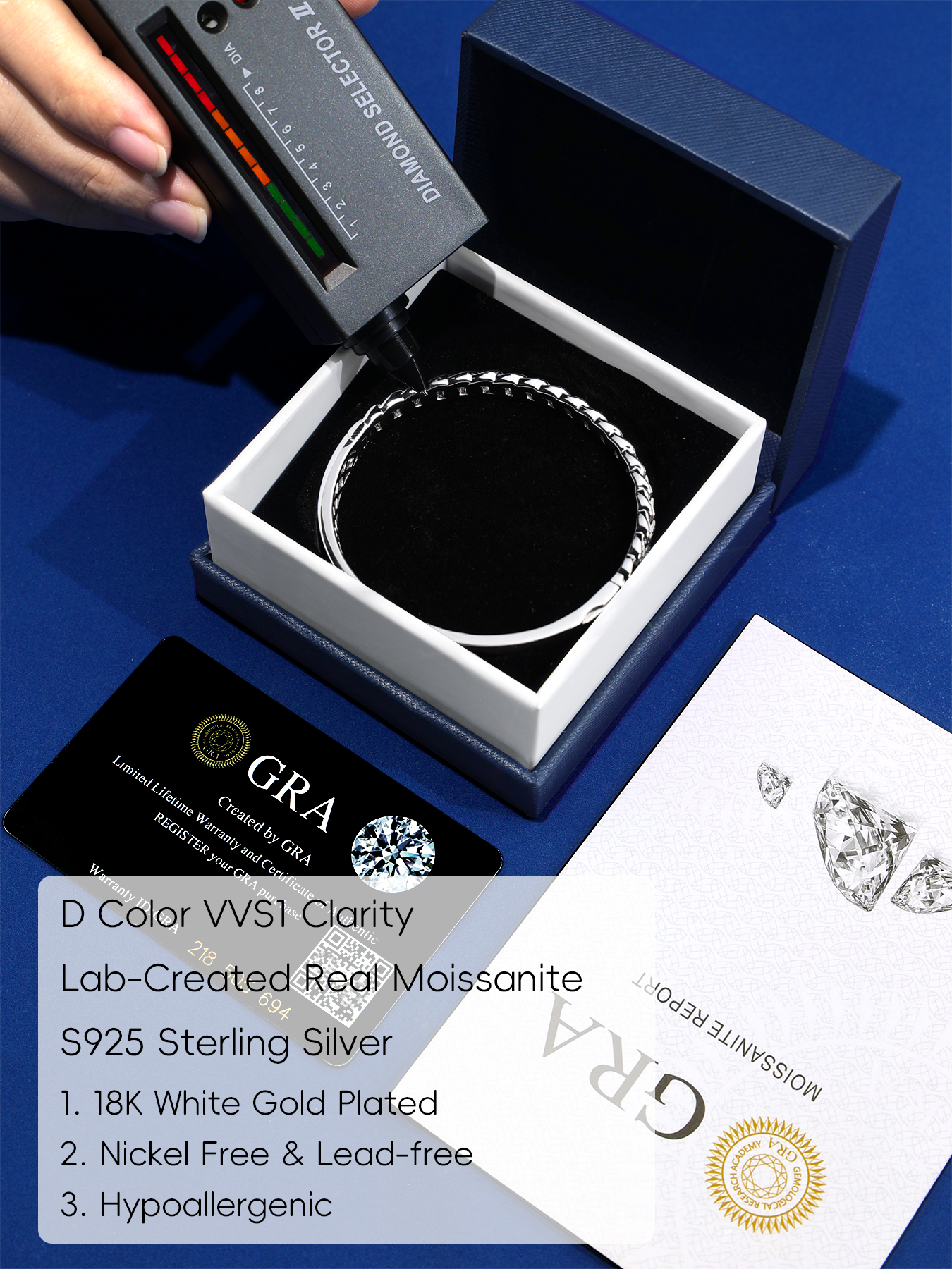 KSTYLE Moissanite Bangle for Women, 18K White Gold Plated S925 Sterling Silver Bangle |D Color VVS1| Moissanite Bangle Bracelets