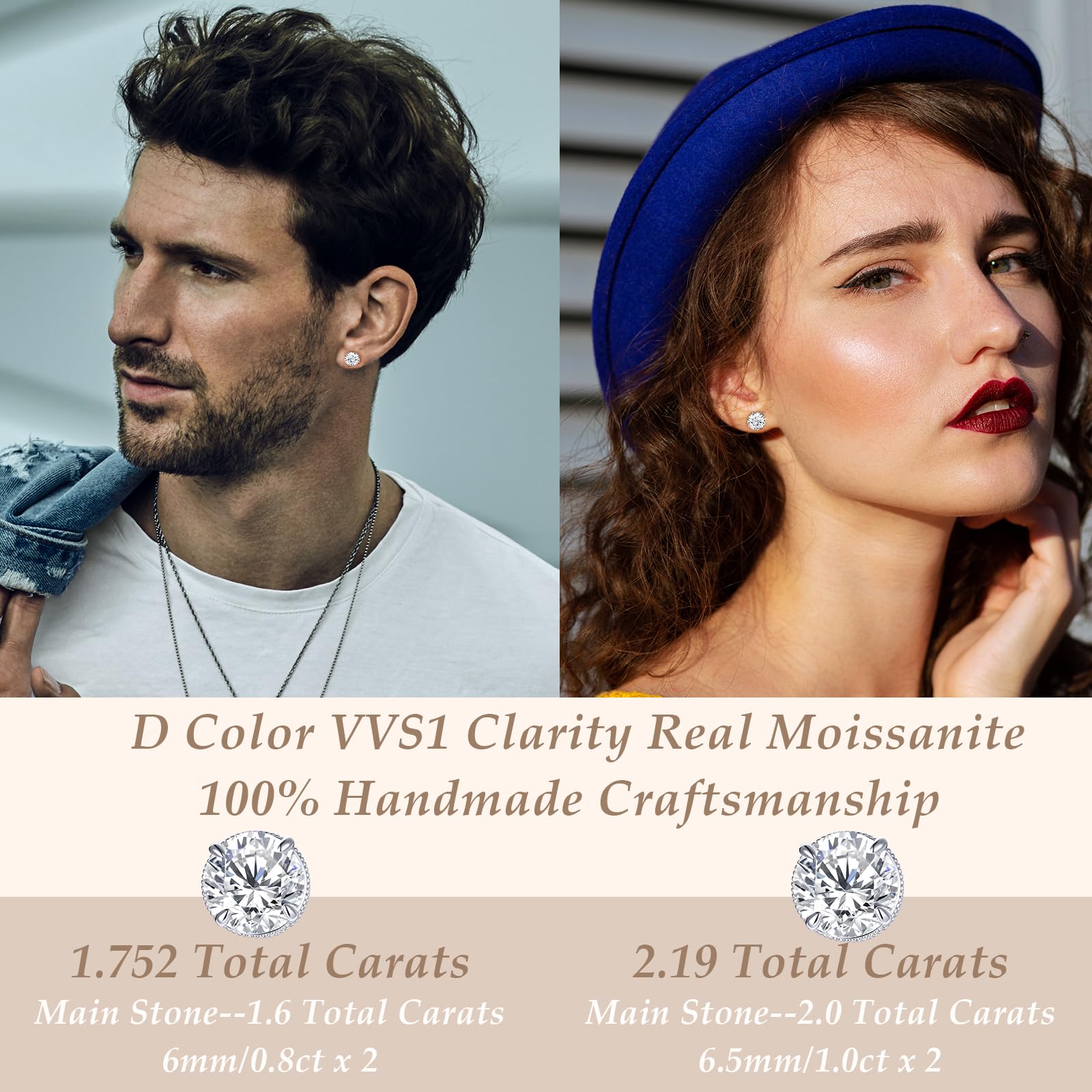 Moissanite Hidden Halo Stud Earrings 1.7CT 18K White Gold Plated 925 Sterling Silver Earring