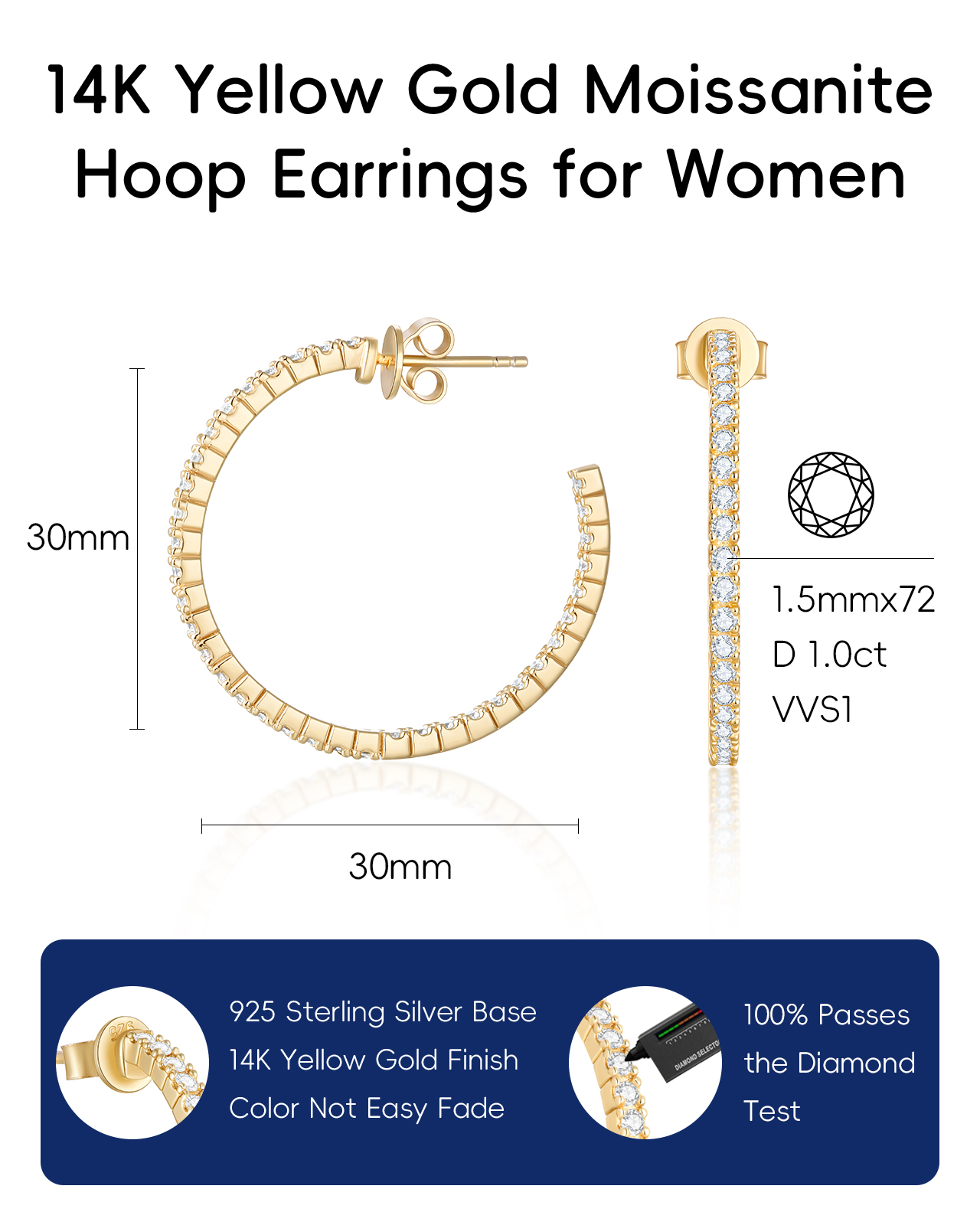 KSTYLE Moissanite Earrings Open Hoop Earrings | D Color-VVS1| 14K Yellow/White Gold Plated 