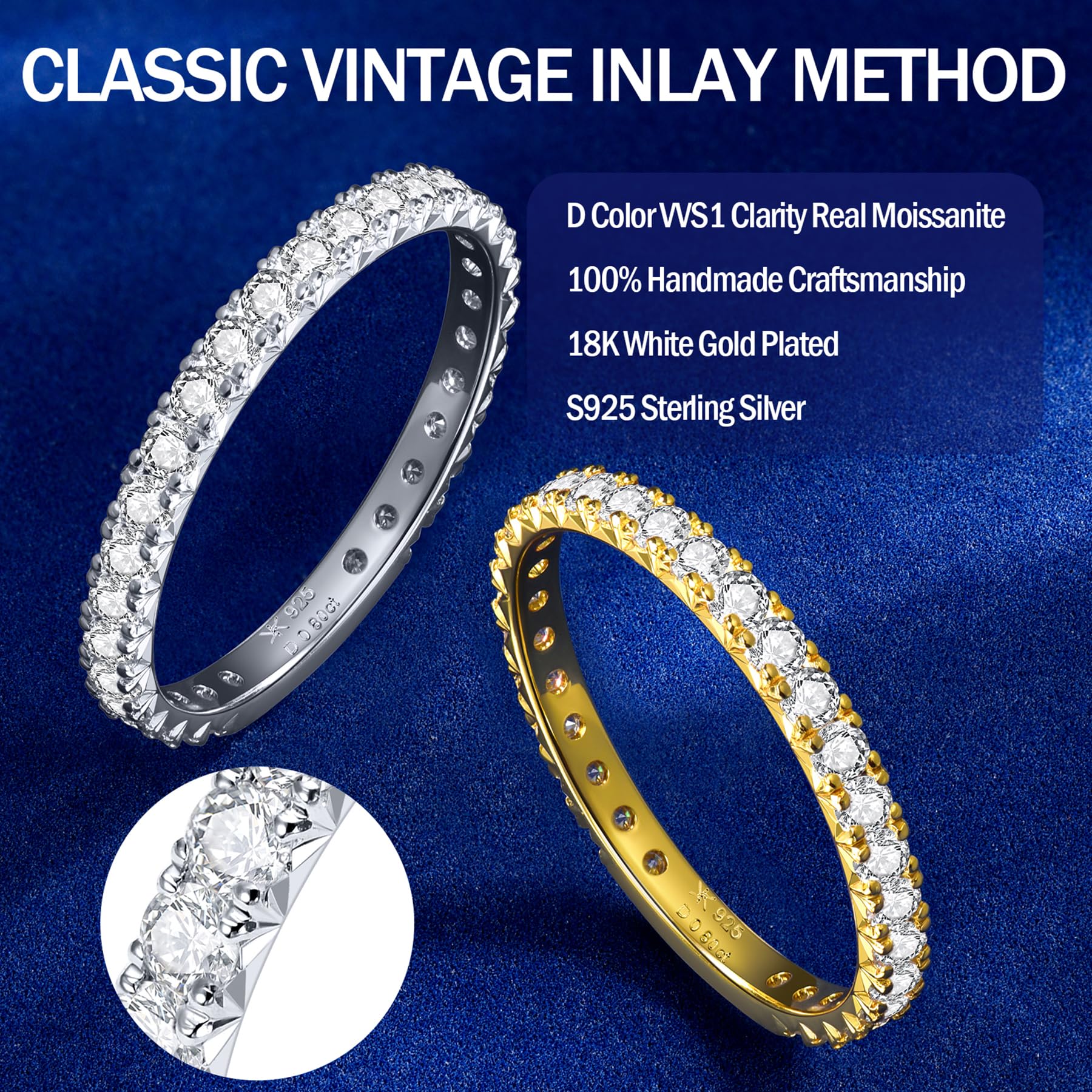 KSTYLE 0.8ct Round Moissanite Wedding Bands for Women 2.2mm S925 Sterling Silver Rings for Women|18K Gold Plated