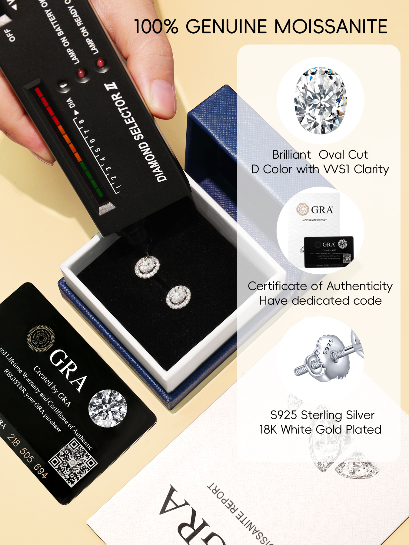 2 IN 1 Moissanite Stud Earrings Hypoallergenic Stud Earring D Color VVS1,Kstyle