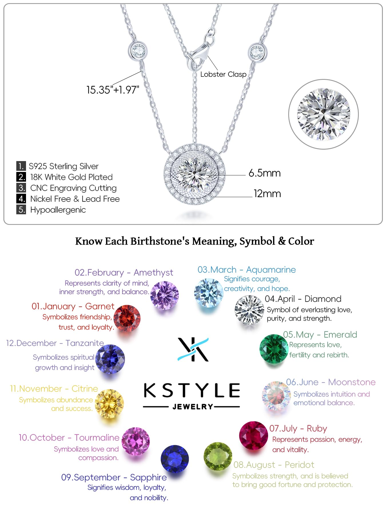 KSTYLE Moissanite Pendant Necklace for Women DIY Birthstone Necklace with 12 Birthstones Set