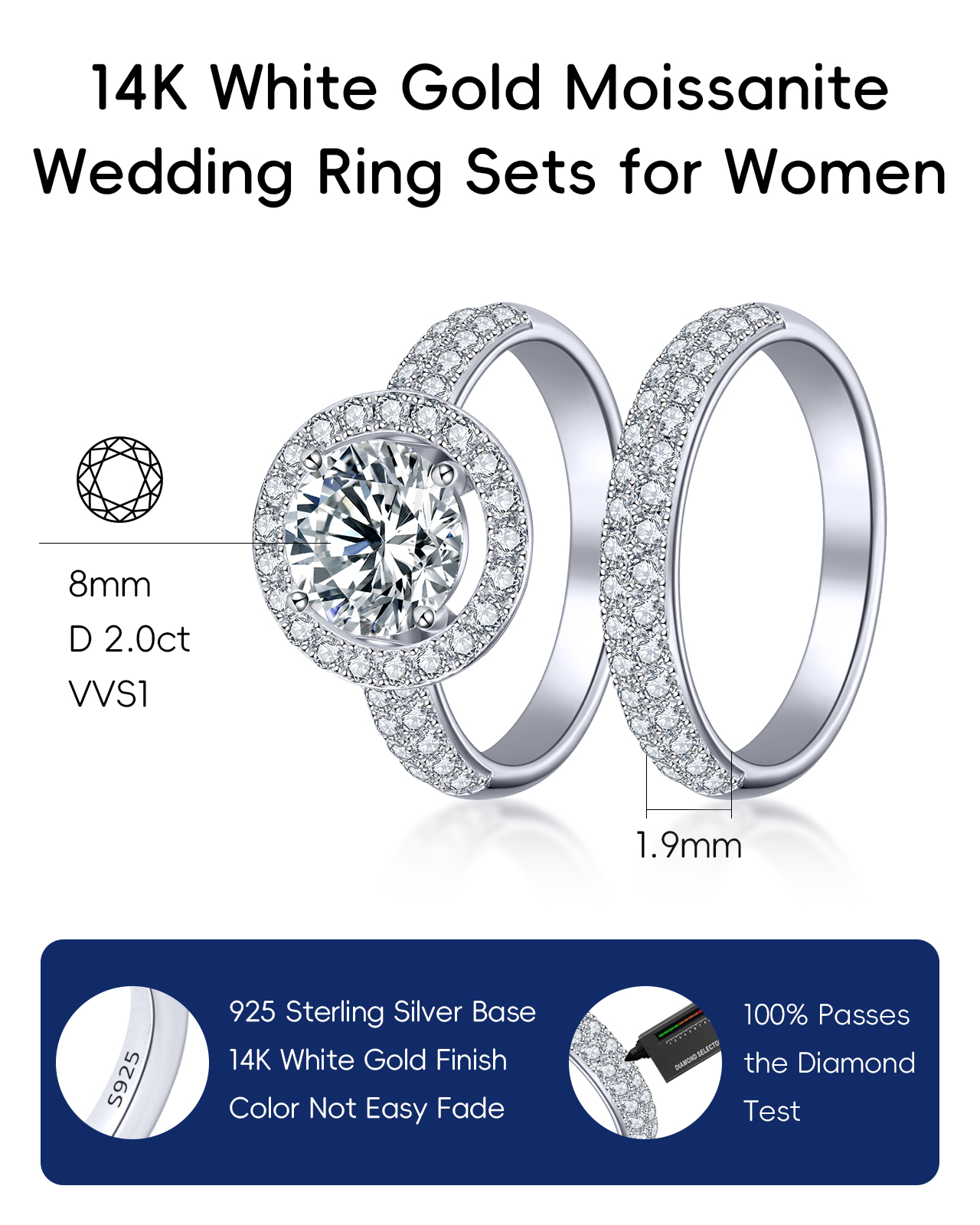 2CT Moissanite Engagement Rings Wedding Ring Sets for Women | D Color-VVS1 | S925 Sterling Silver Promise Rings