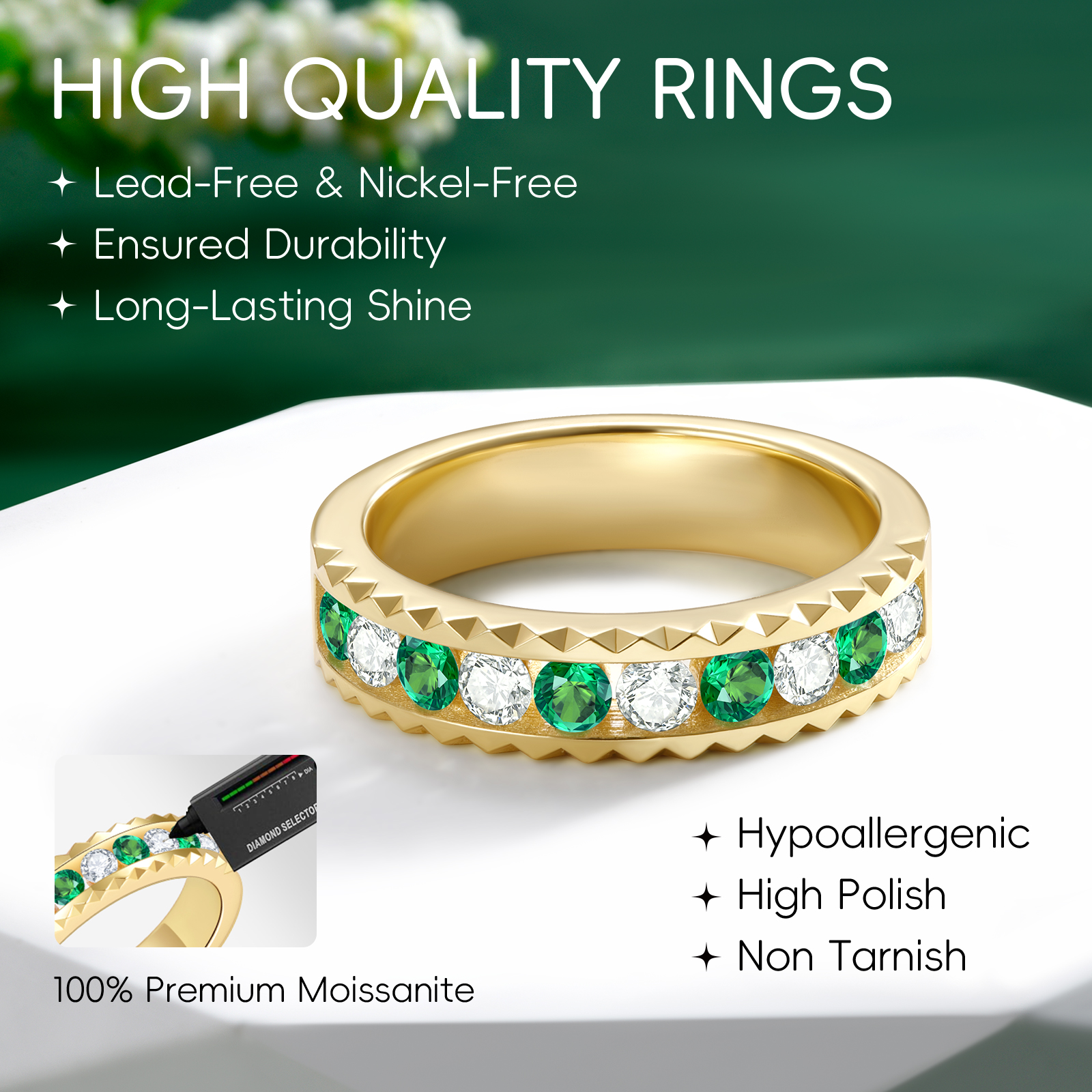 Women's Eternity Rings Non Tarnish - Moissanite or Lab Grown Emerald Wedding Engagement Promise Ring for Women | 14K Gold Plated Sterling Silver Jewelry Gifts for Her