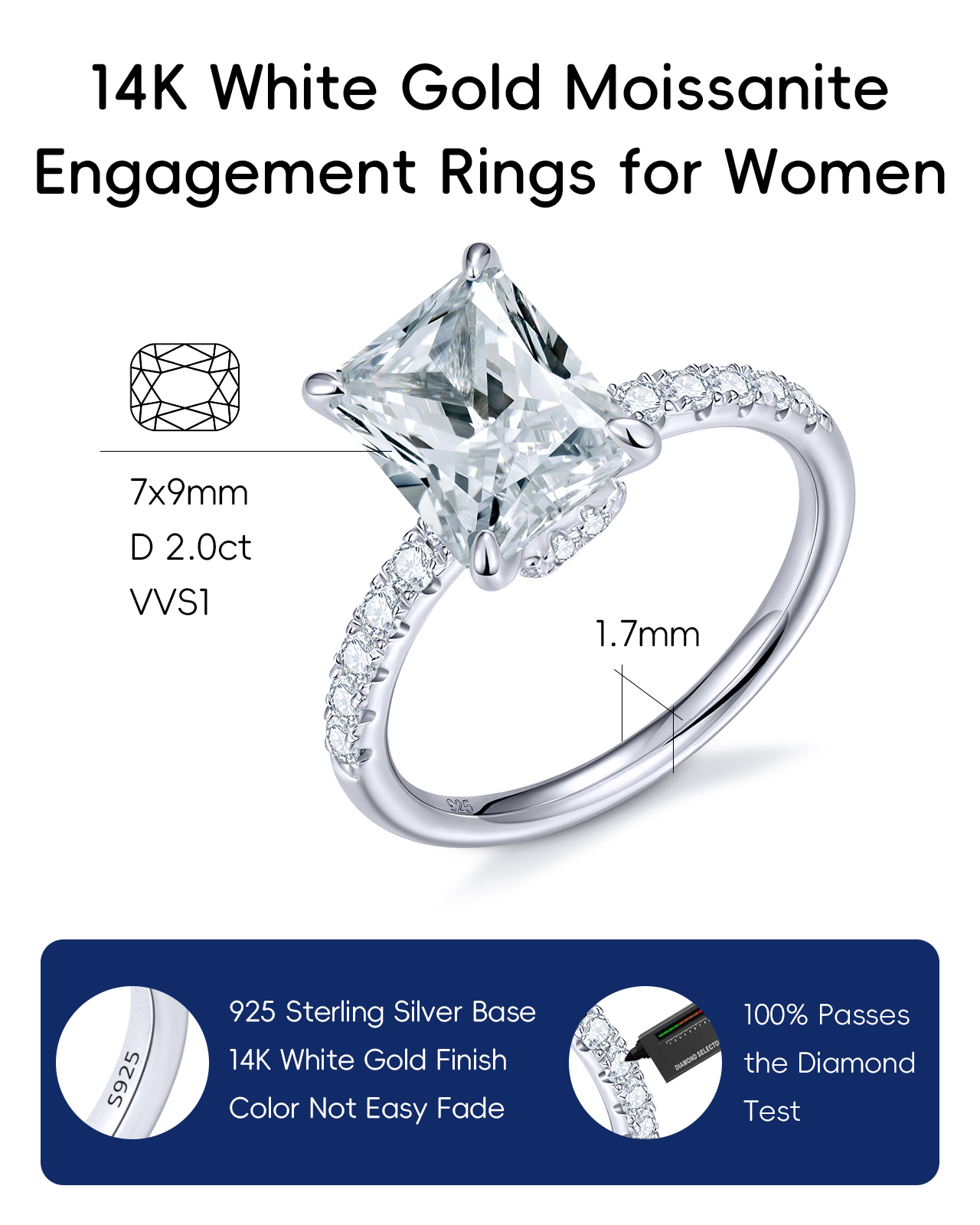 KSTYLE 2CT Moissanite Solitaire Engagement Rings for Women| Emerald Cut Ring,D Color VVS1 Clarity