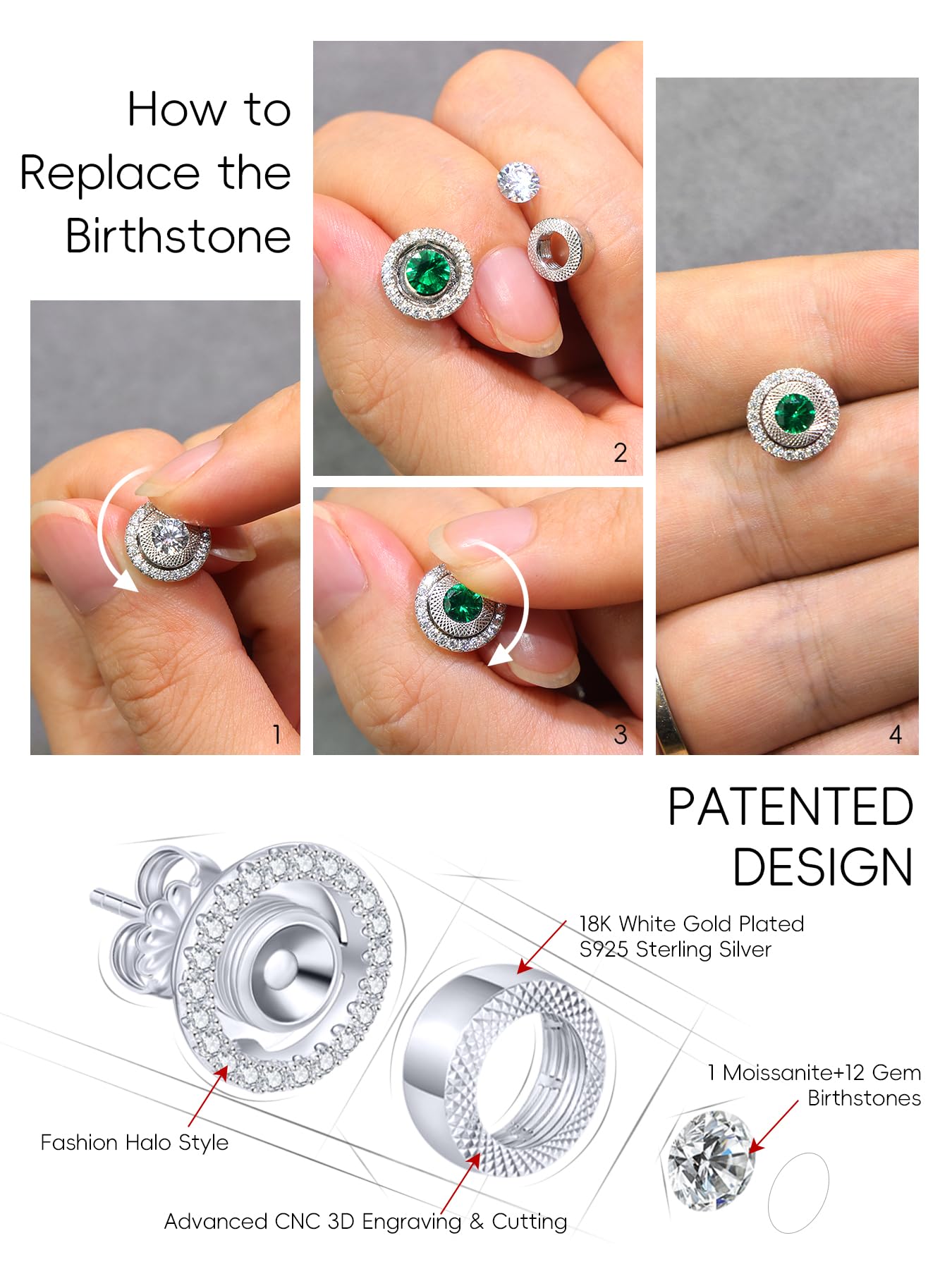 KSTYLE Moissanite Stud Earrings for Women Birthstone Earrings with 12 Birthstones Set