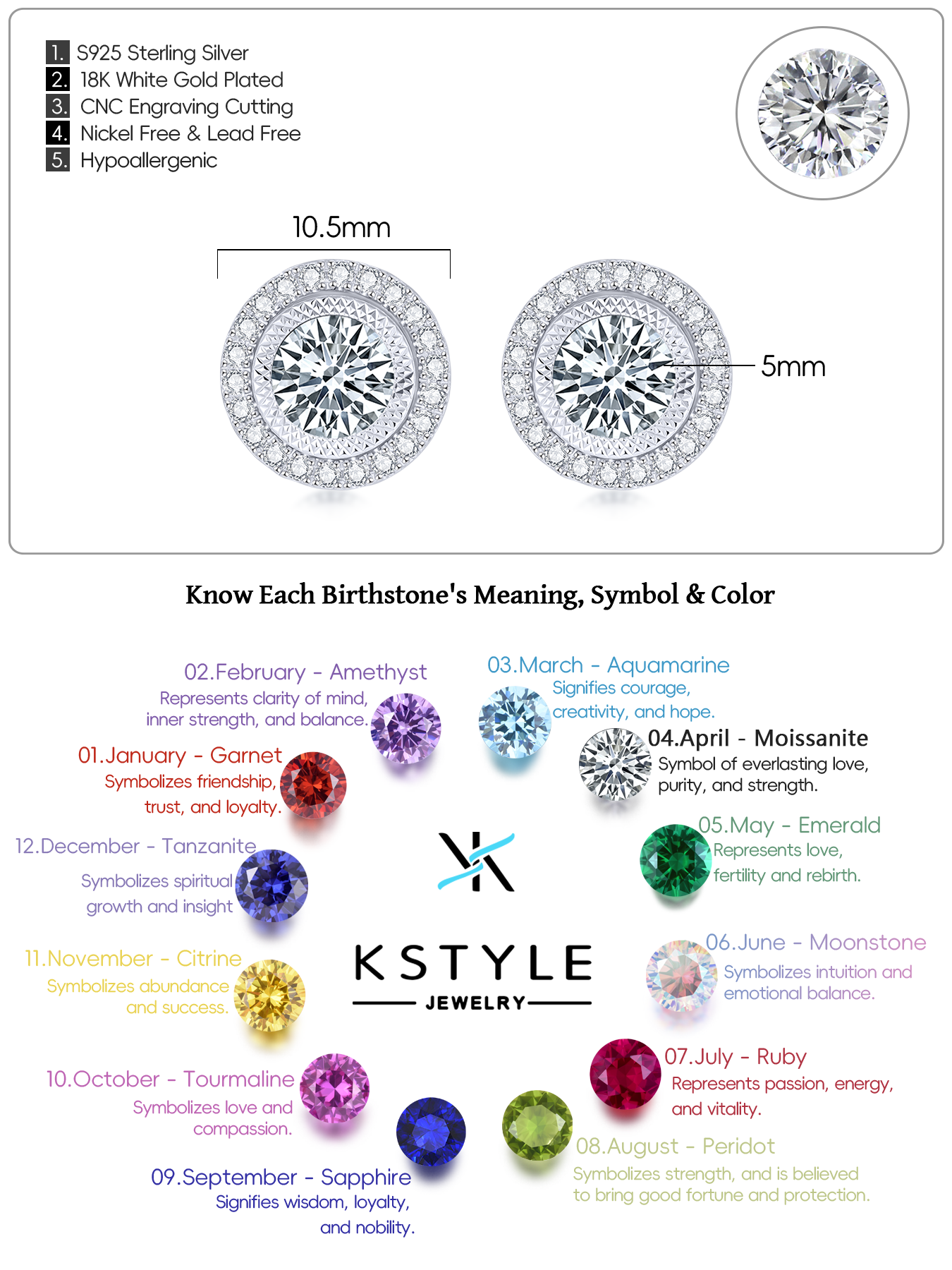 KSTYLE Moissanite Stud Earrings for Women Birthstone Earrings with 12 Birthstones Set