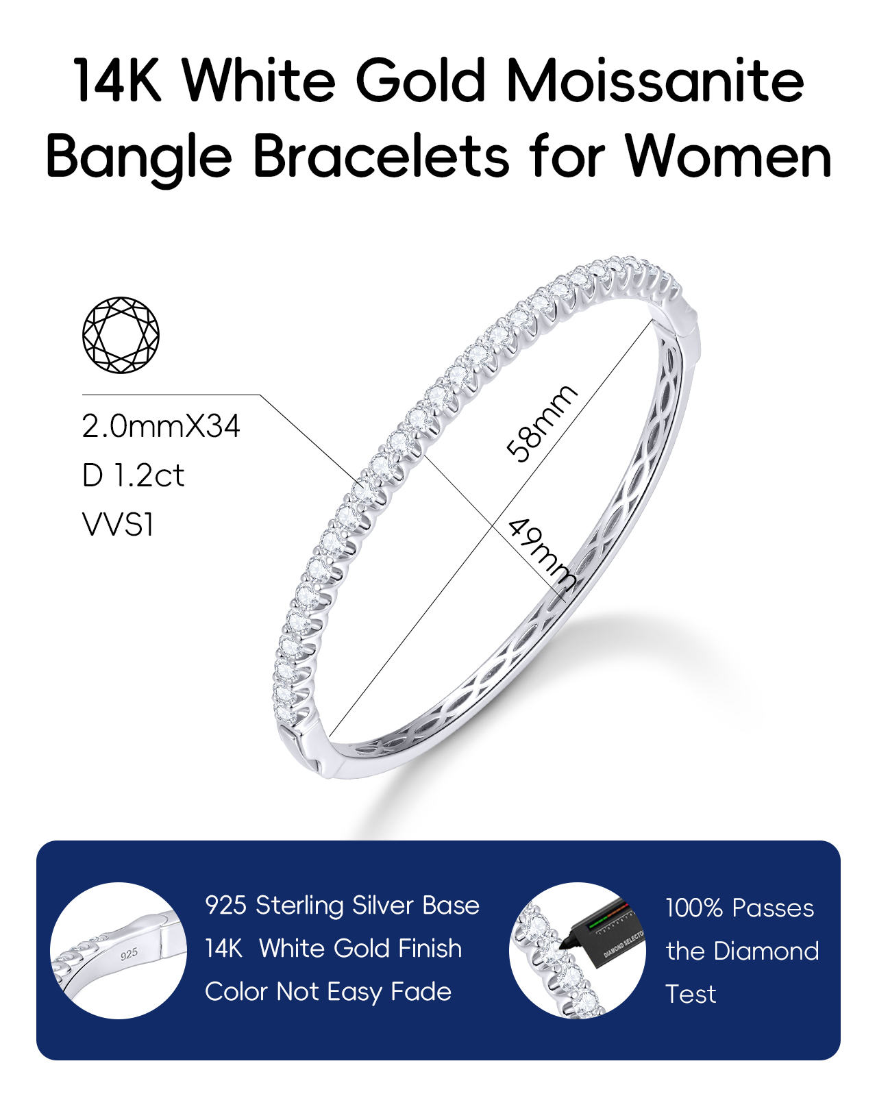KSTYLE Moissanite Bangle for Women, 18K White Gold Plated S925 Sterling Silver Bracelets| Moissanite Bangle Bracelets