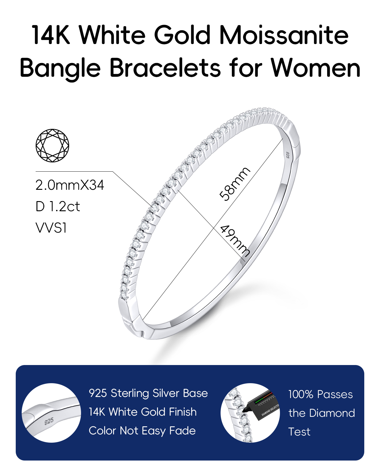 KSTYLE Moissanite Bracelet for Women, 18K White Gold Plated S925 Sterling Silver Bracelets