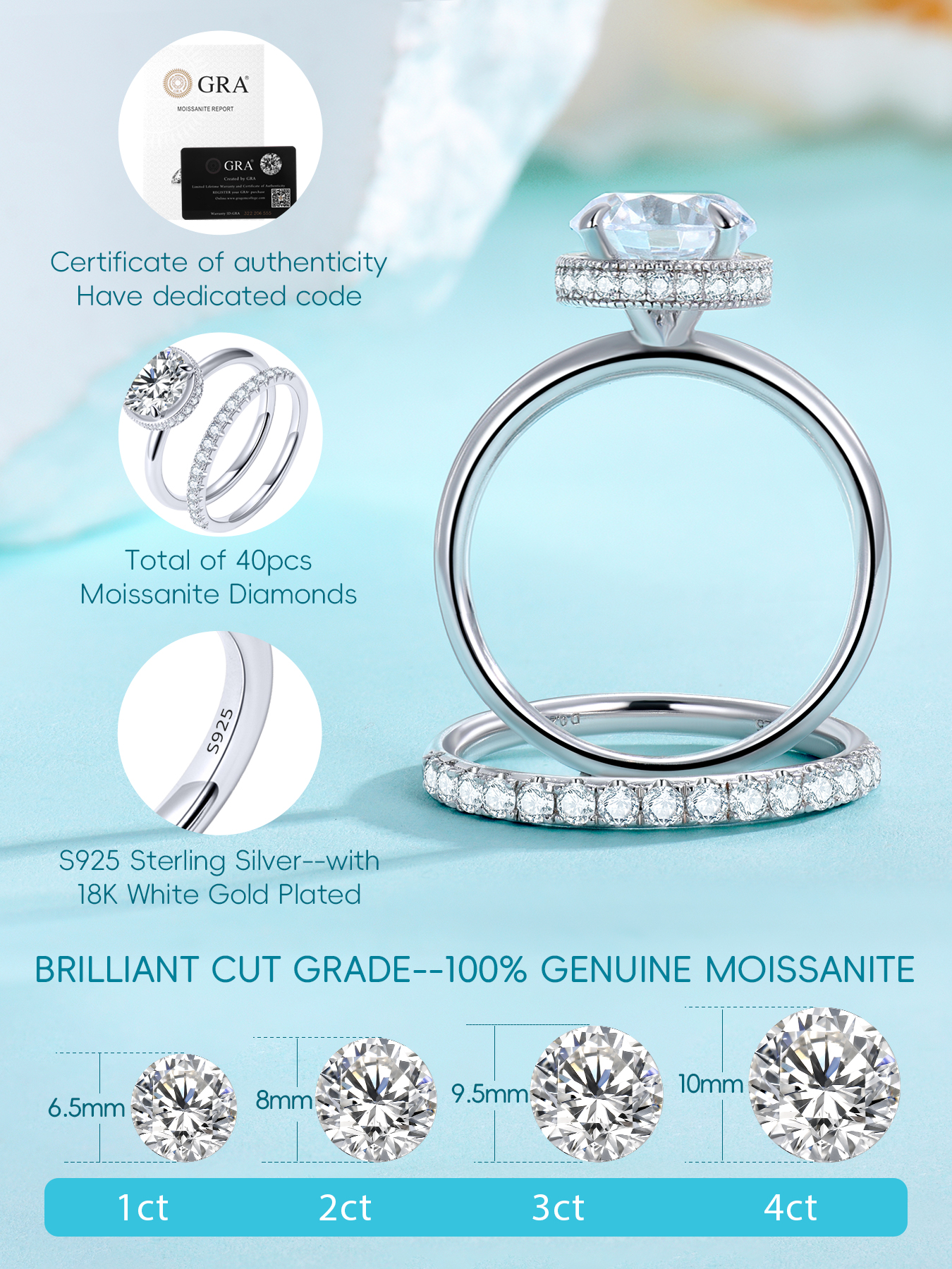 KSTYLE 2CT Engagement Rings Moissanite Wedding Ring Sets for Women | D Color-VVS1 Clarity 