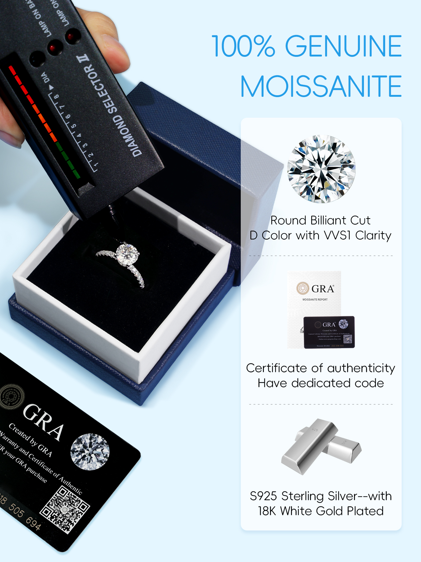 KSTYLE 2CT Moissanite Solitaire Engagement Rings for Women Round Cut Ring|D Color VVS1 Clarity